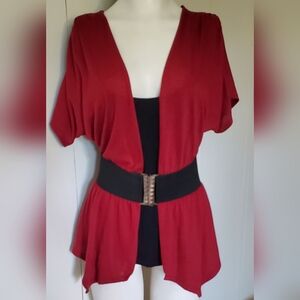 Maurices Red Draped Open-Front Tunic with Wide Black Waist Belt